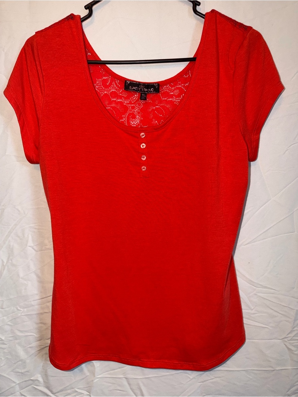 Almost Famous Red Short Sleeve Scoop Neck Tee with Lace Back